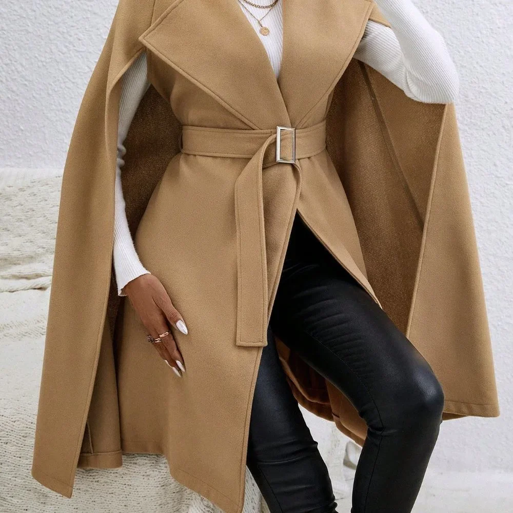 Khaki Preppy Womens Cloak Sleeve Belted Cape Coat - Picture 5 of 6